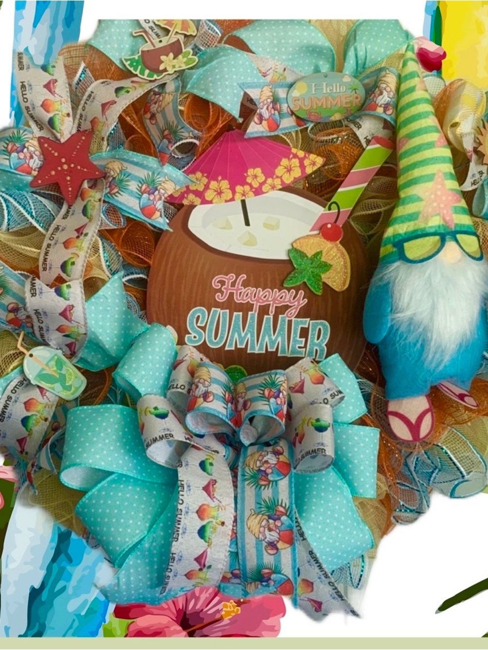Happy Summer Teal Ribbon Wreath with Tropical Coconut Accent